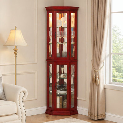 Corner Curio Cabinet Lighted Corner Display, Glass Display Shelf Shelving Bar Cabinet With Tempered Glass Door, Bar Cabinet,Cabinet With Adjustable Shelf Glass Cabinet Shelves Bead Bulb Included