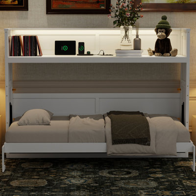 Lit simple TG avec bureau, lumières DEL,. Blanc. Composé à partir de bois massif et pour un bureau à domicile ou un bureau de chambre d'amis, charge. Artisanat moderne