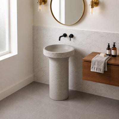 Lavabo de salle de bain autoportant rond 34 po en pierre d'ingénierie avec finition naturelle texturée