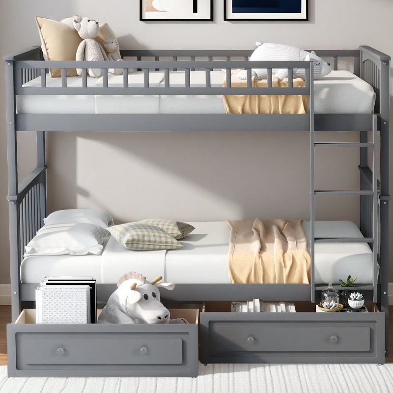 Wren Wood Daybed Frame With Fence, Rustic Style, Solid Pine, Gray, Twin over Twin
