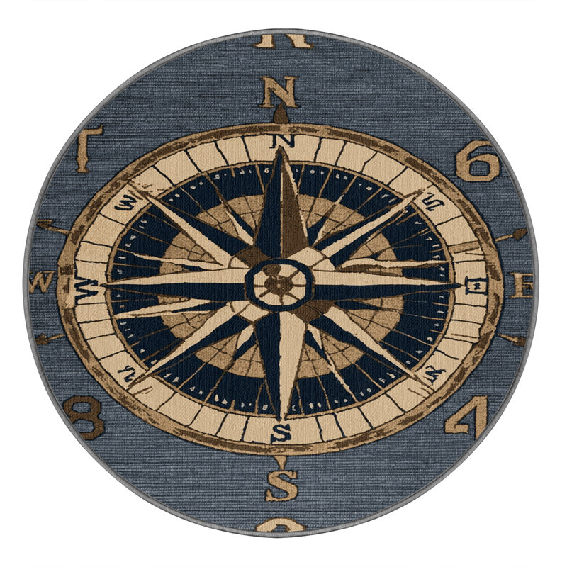 Washable Vintage navigation compass Nautical Area Rug, Round 7'