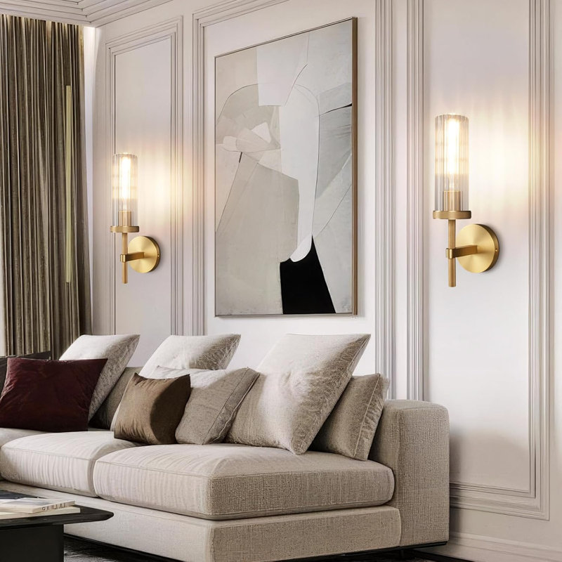 Vookea 15" Brass Wall Sconces Set Of 2, Vanity Light Fixtures With Vertical Striped Glass Tube, Modern Lighting For Bathroom, Bedroom, Living Room, Hallway, Staircase, Kitchen