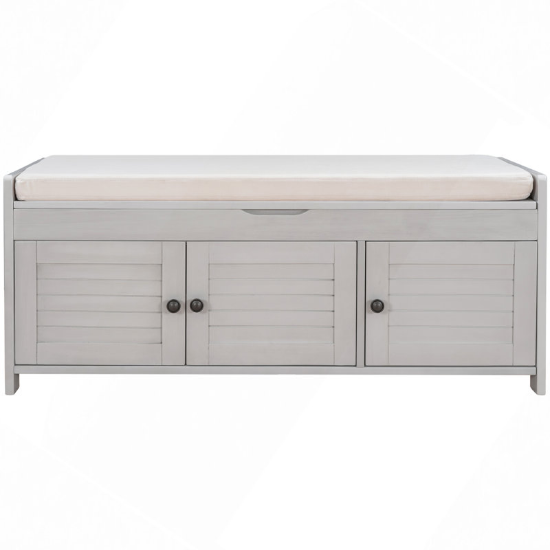 Storage Bench With 3 Shutter-Shaped Doors, Shoe Bench With Removable Cushion And Hidden Storage Space, Gray Wash