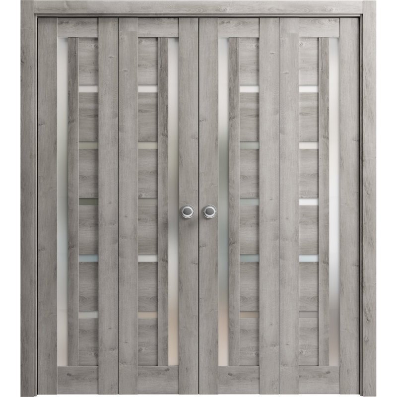 Portes coulissantes doubles pliantes pour placard 96 x 84 (4 x 24 x 84) Quadro 4088 Gris Nebraska avec verre dépoli, rails robustes, moulures, garnitures, quincaillerie, portes d'armoire en bois massif pour chambre à coucher