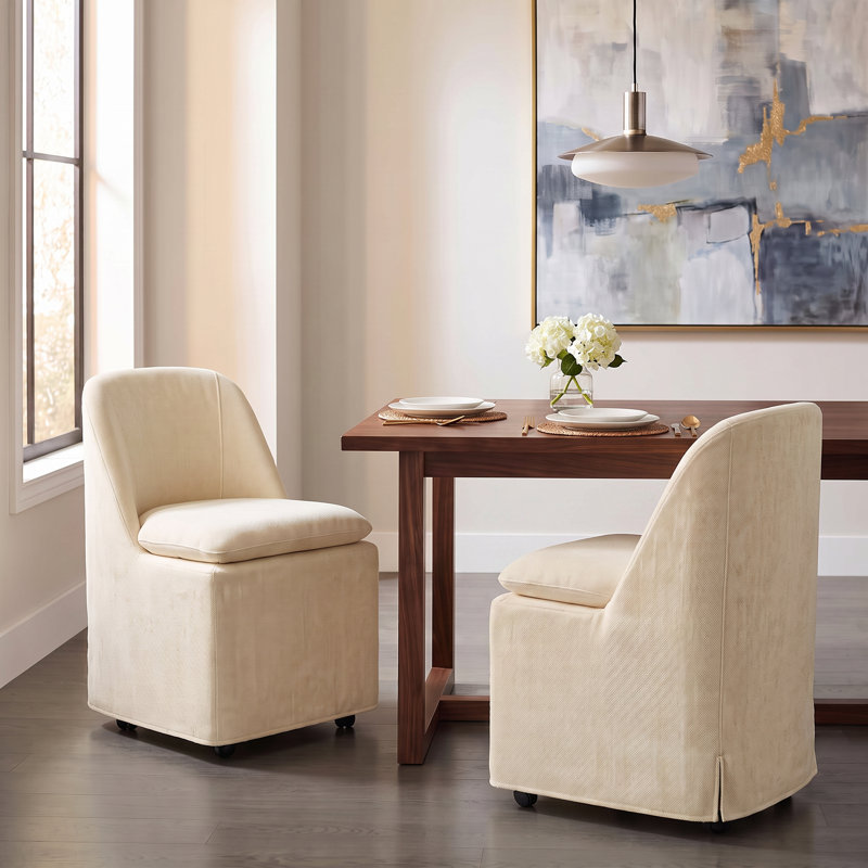 Upholstered Dining Chair with Washable Slipcover & Casters, Sand