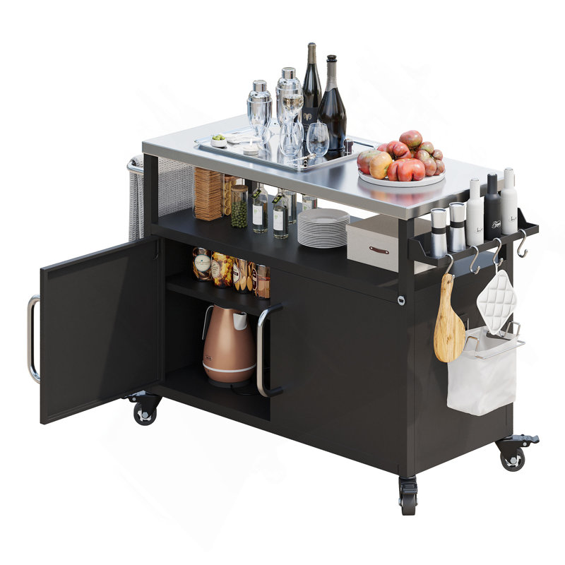54.5" Outdoor Kitchen Island With Stainless Steel Tabletop, Metal Grill Cart Table With Storage Cabinet, Spice Rack And Towel Rack, Outdoor Bar Cart With 4 Lockable Wheels For Outside BBQ