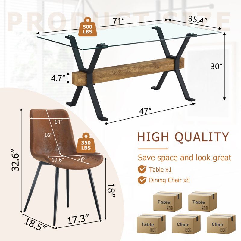 9-Piece Glass Top Dining Table Sets, Brown/Black