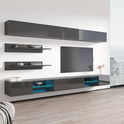 Livermore 126" Modern Floating Wall Mounted Entertainment Center with 16-Color LED Lighting, High Gloss Finish