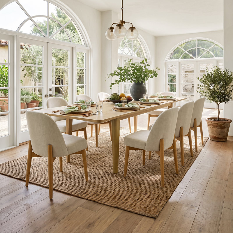 Ensemble de salle à manger extensible en bois naturel avec 8 chaises rembourrées, Beige