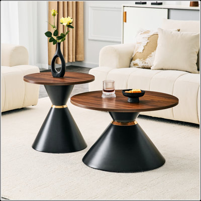 Ensemble de 2 tables basses rondes élégantes, comptoir texturé en noyer avec base en métal stable pour le salon et la chambre à coucher