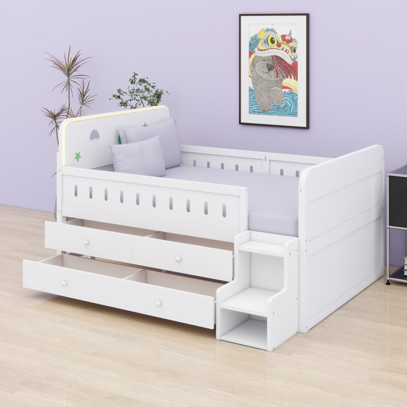 Lit en bois avec lumière DEL, tiroirs de rangement, Blanc