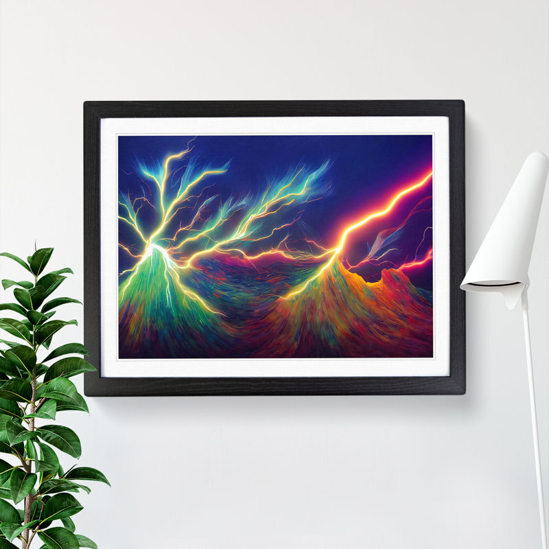 Flourishing Lightning Bolt Abstract - Single Picture Frame Print, Black, 25cm H x 34cm W x 2cm D