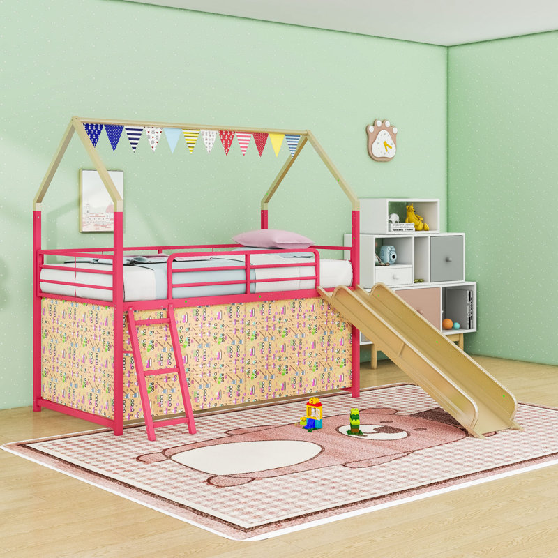 Metal House Twin Loft Bed With Slide, Curtain Set, Guardrails And Ladder, Gold Red
