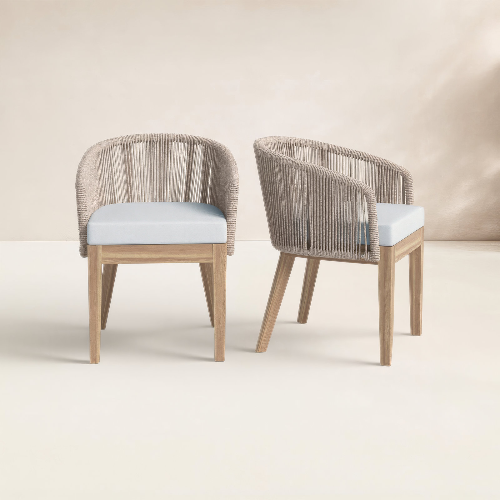 Bowery Wood Premium All-Weather Wicker Outdoor Dining Armchair with Cushion, Beige