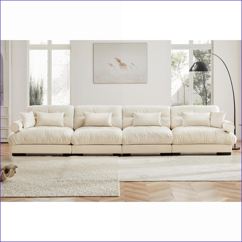 Canapé modulaire en L modulaire avec repose-pieds mobile Siège profond pour salon | Crème | Velours, Velours crème