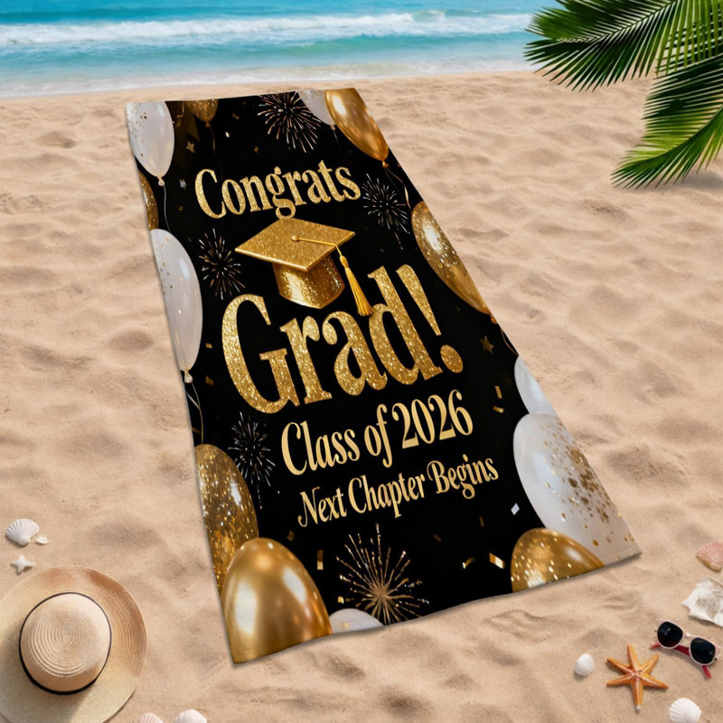 Gold Black Congrats Grad Beach Towel for Men Women Adults 32x63 Inch, Graduation Balloons Fireworks Thin Quick Dry Large Towel for Travel, Class of 2026 Pool Swimming Bath Camping Decor