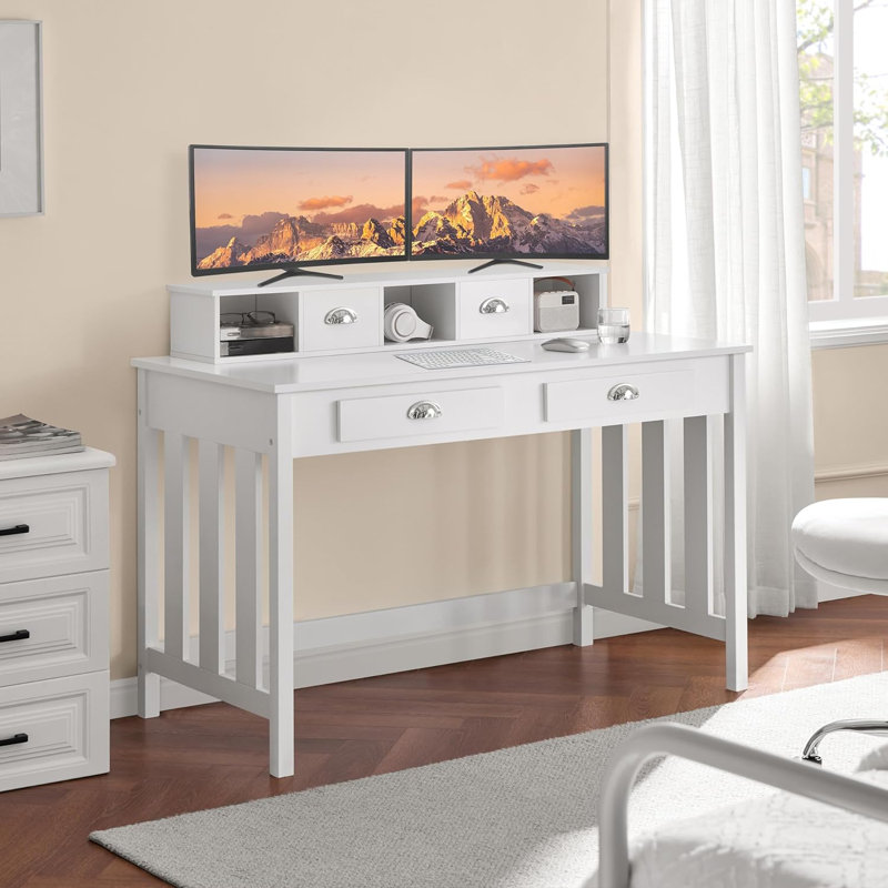 Large Computer Desk, White Home Office Workstation With 4 Storage Drawers, Modern PC Work Table 23 Deep With Monitor Stand For Screen, Wood Stable Executive Table With Large Desktop
