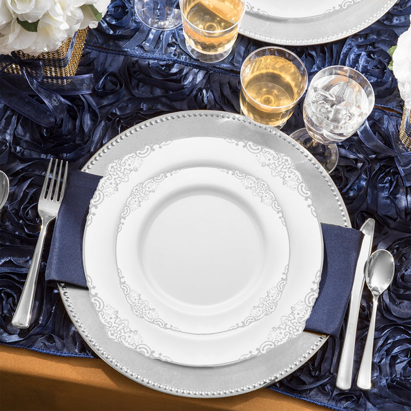 White with Silver Fancy Round Disposable Plastic Wedding Value Set - 120 Settings