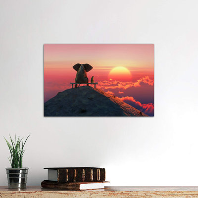 Elephant and Dog Sit on a Mountain Top at Sunset 1 Piece Wrapped Canvas Wall Art