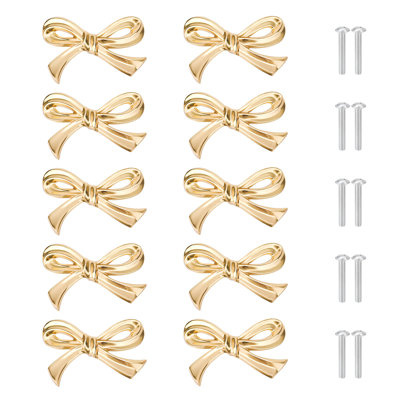 3D Bowknot Cabinet Knobs & Drawer Pull Handles, Zinc Alloy Decorative Cabinet Hardware - Easy Install, Screws Included - for Dresser/Closet/Kitchen/Bathroom - Gold, 10-Pack Set