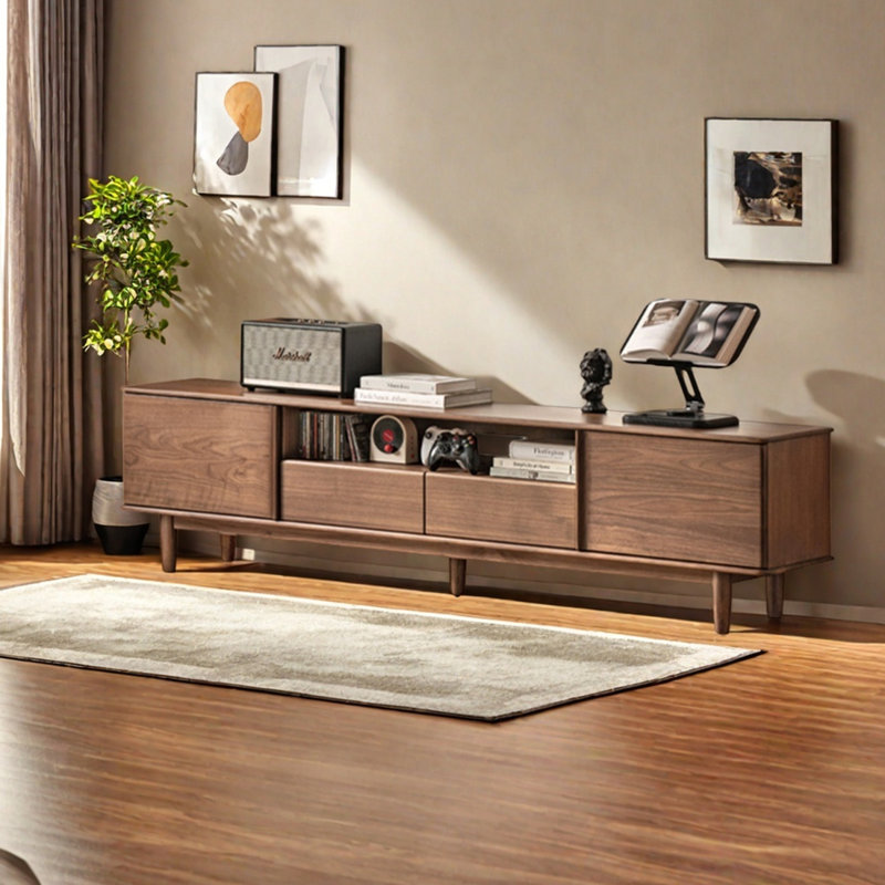 Walnut Wood TV Stand with Open Shelf, 19.68"H x 86.61"L x 13.78"W