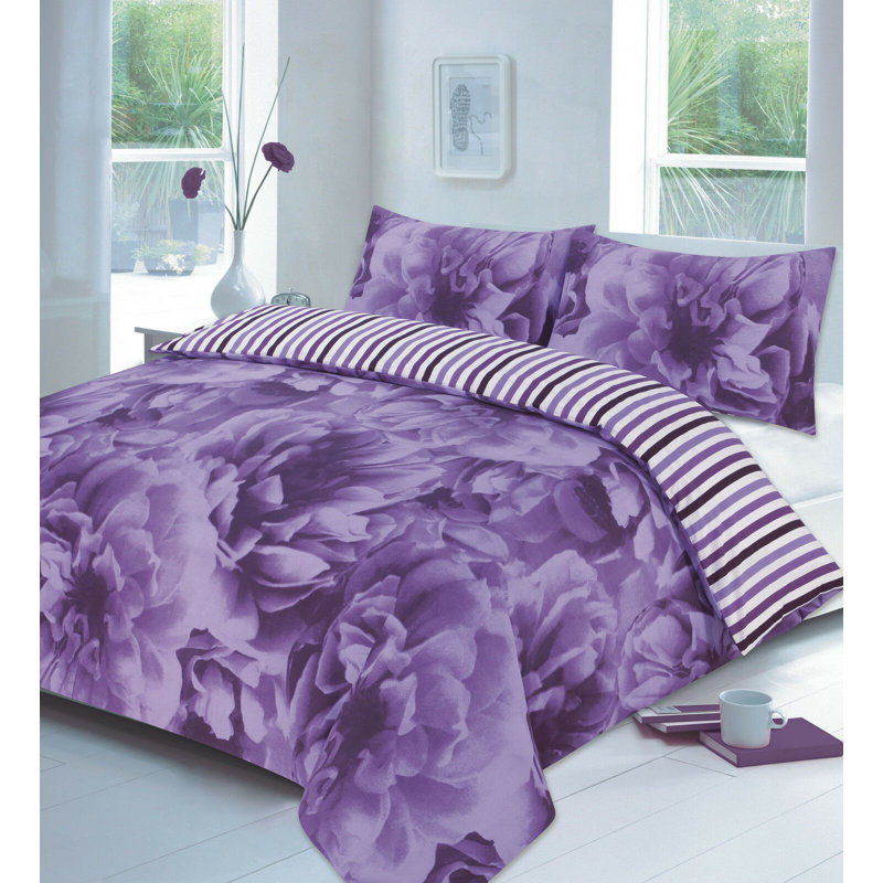 Crumity Floral Duvet Cover Set with Pillowcases, Lilac, Double Duvet Cover + 2 Standard Pillowcases