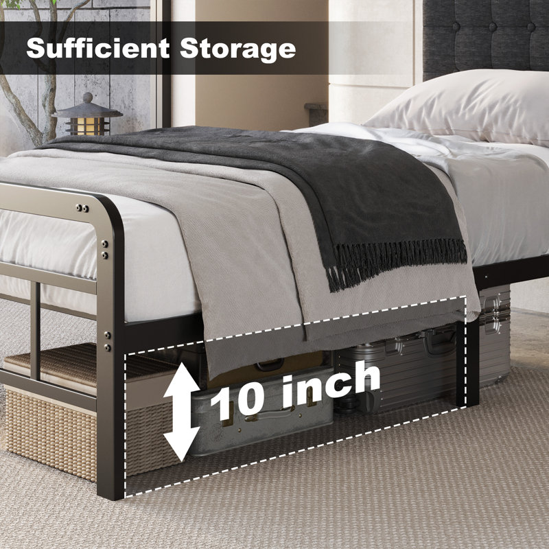12 Inch Bed Frame with Upholstered Headboard and Metal Footboard, Twin, Black