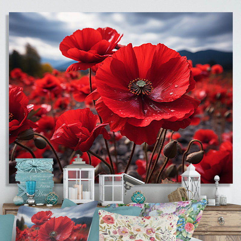 Flower Field Crimson Poppies - Floral Wall Art Prints, 34" H x 44" W, Toile tendue