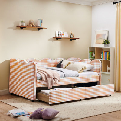 Lit de jour simple en vichy douillet avec deux tiroirs de rangement, avec port USB et adorable tissu en forme de vague