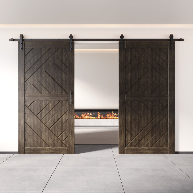 Portes de grange à motif géométrique non assemblé et fini 26 po x 80 po Homacer Ebony avec trousse de quincaillerie d'installation sans dérivation, rail 9 pi, utilisation intérieure seulement