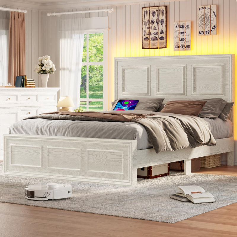 Platform Bed with LED Adjustable Headboard and Charging Port, White, Full