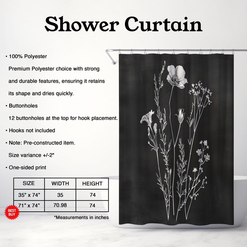 Rideau de douche standard noir et blanc à motif floral - 1 pièce, H 74 po x l 71 po
