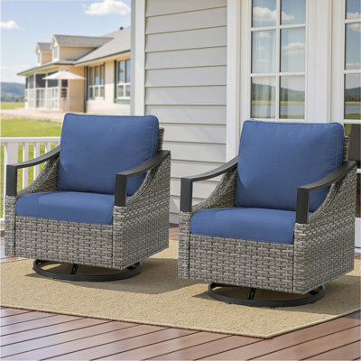 Ensemble de chaises berçantes d'extérieur pivotantes et berçantes pour l'extérieur, en osier gris avec coussins bleus pour le porche ou la cour