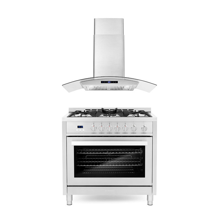 Cosmo 2 Piece Kitchen Appliance Package with 35.5'' Gas Freestanding Range , and Wall Mount Range Hood