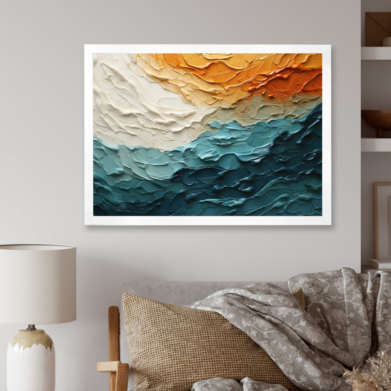 Collage bleu sarcelle orange océan Essence, H 24 po x l 32 po x P 1 po, Cadre simple blanc