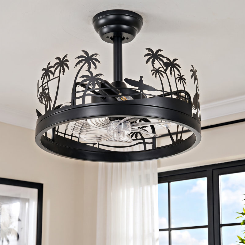 Ventilateur de plafond noir à cage, motif palmier tropical de 45 cm (17,7 po), avec éclairage et télécommande, profil bas, montage encastré, moteur CC réversible à 6 vitesses, idéal pour une chambre ou un salon.