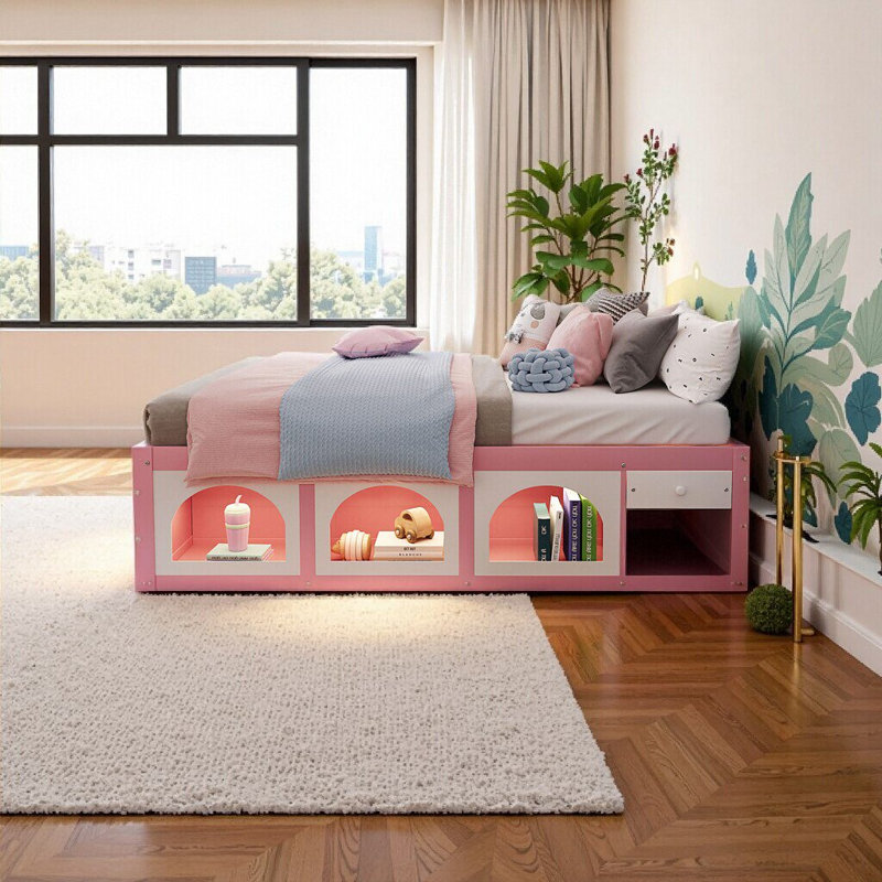 Grand lit plateforme en bois avec bibliothèque, lumières DEL et rangement Elegant - rose et blanc, Rose et blanc