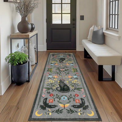 Vintage Cute Cat Machine Washable Rug with Rubber Backing for Living Room Stain Resistant Non-Slip Dining Room Rug Easy-Cleaning Floor Carpet for Bedroom