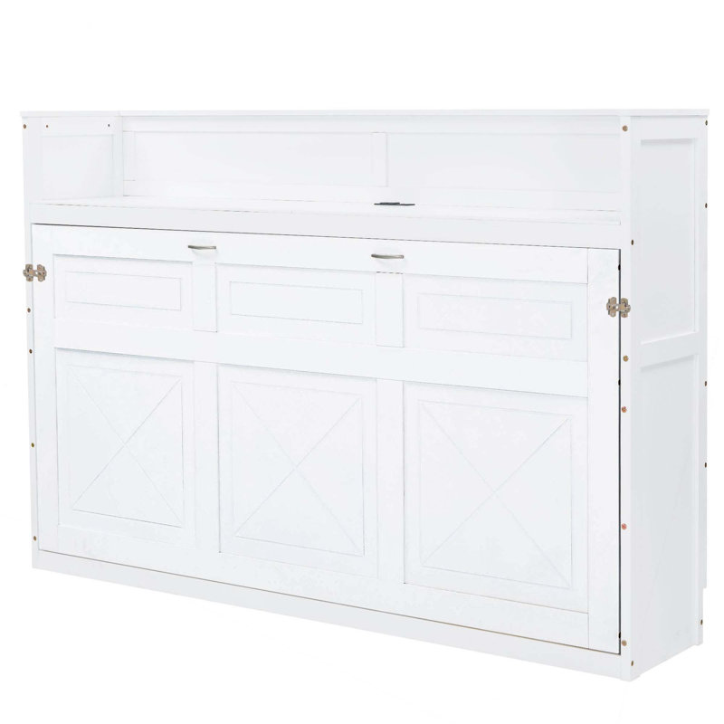 Lit escamotable simple TG avec bureau, lumière DEL et station de charge USB, White