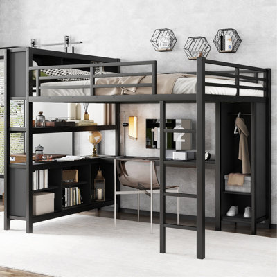 Black Heavy Duty Queen Metal Loft Bed with Wardrobe, L-Shaped Desk, Storage Cubes and Shelves, Suitable for Kids, Teens & Adults