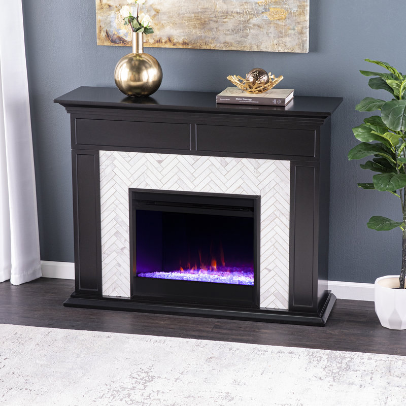 Color Changing Marble Tiled Fireplace Black