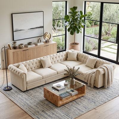 115" Wide L-Shaped Traditional Chesterfield Sectional Sofa, 6-Person Oversized King Size Sleeper Sofa