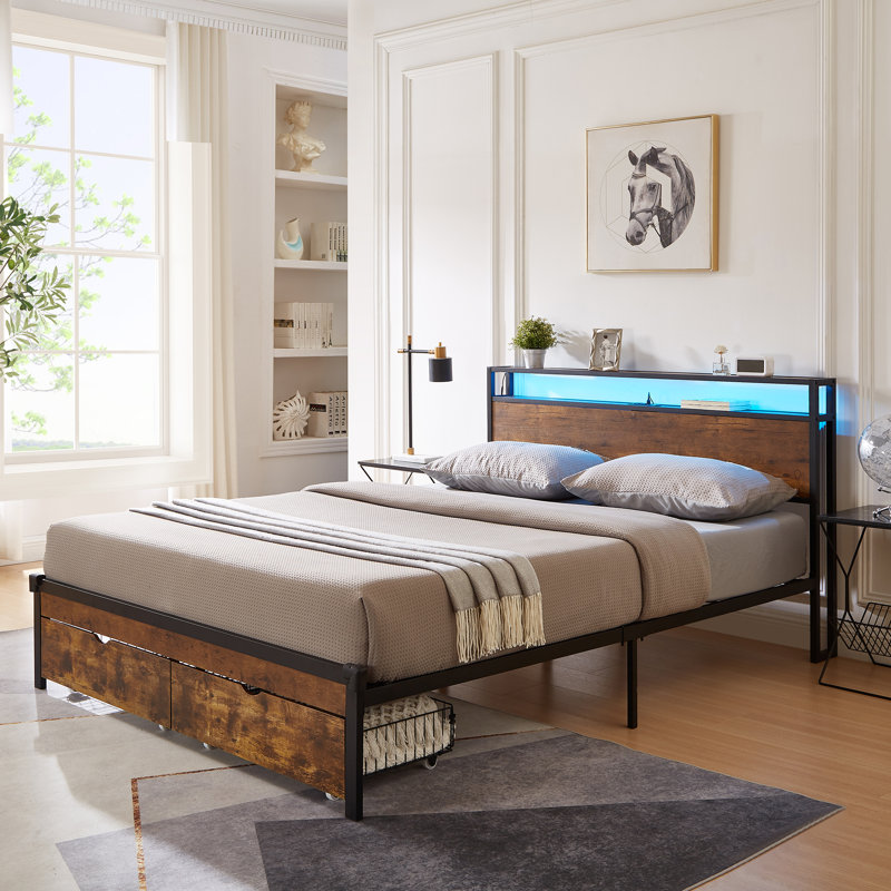 Structure de lit plateforme en métal avec tête de lit et pied de lit en bois avec port USB, station de charge, 2 tiroirs, lumières DEL, aucun sommier requis, assemblage facile