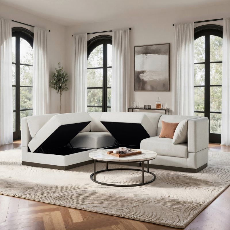 Sloane Modular Sectional with Hidden Storage Pocket Coil Comfort Boucle Fabric, Ivory Boucle