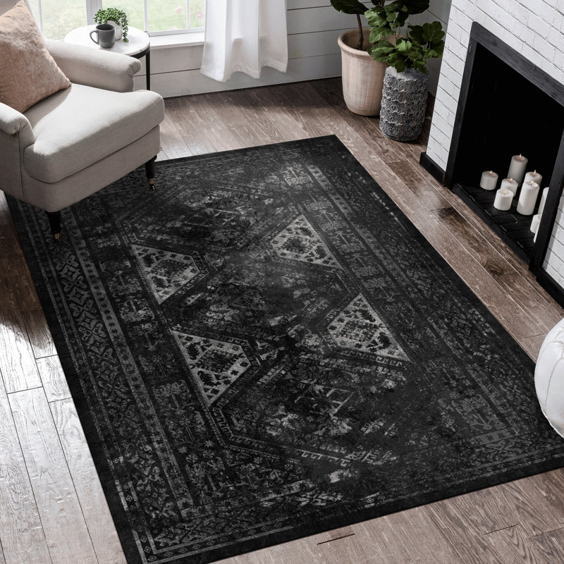 Machine Washable 6X9 Area Rug - Non-Slip, Non-Shedding, Stain Great For Bedroom, Living Room, Kitchen, Dining Room Black + Gray Suitable