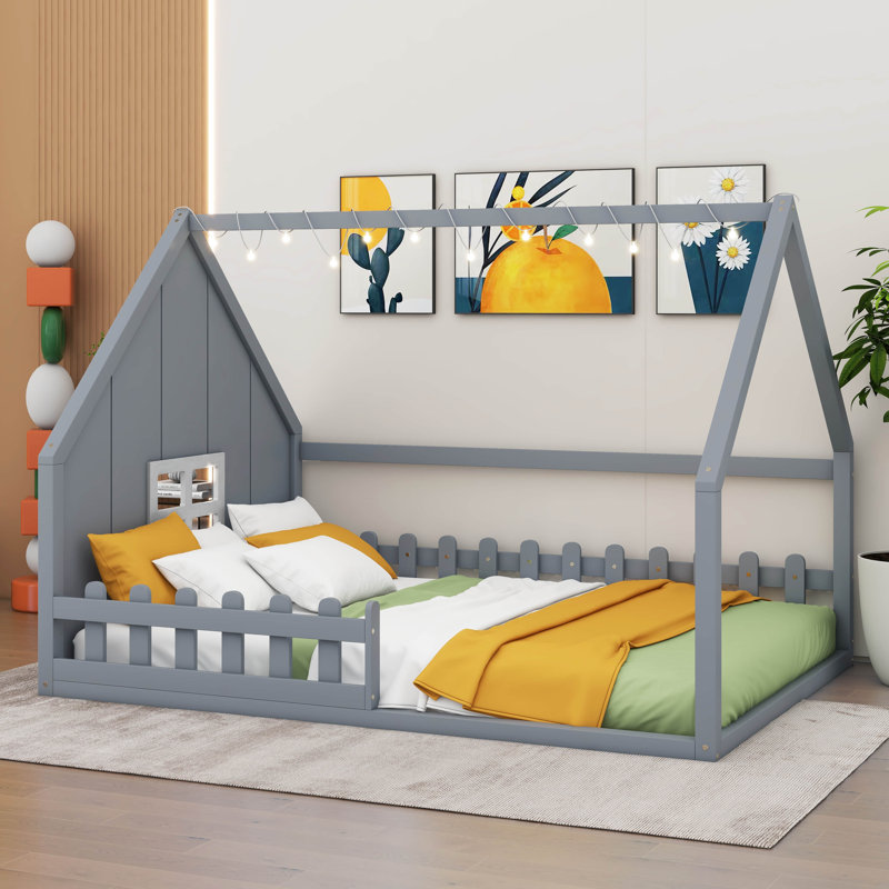 Lenard Kids Full Size Wood House Bed, Gray