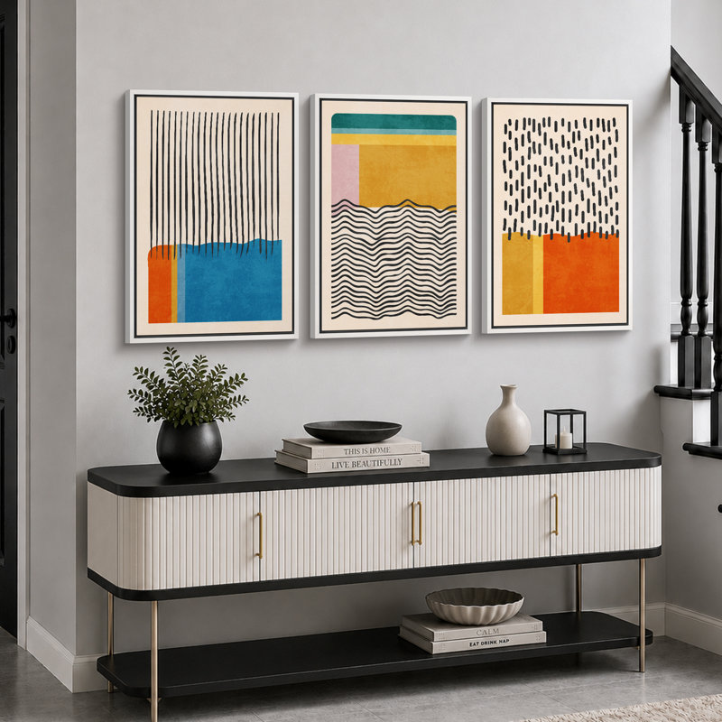 «Abstract Vibrant Color Blocks», œuvre d'art moderne de style Mid-Century, images murales multicolores géométriques, ensemble de 3 impressions sur toile encadrées