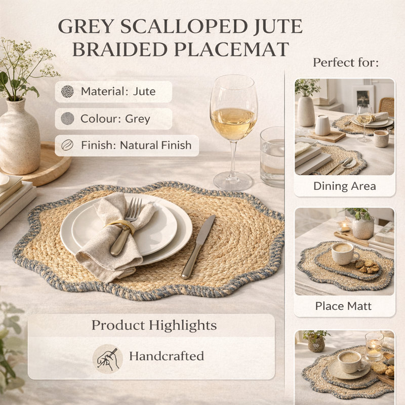 Scalloped Jute Braided Placemat - Natural Finish, 51 × 36 cm, Grey