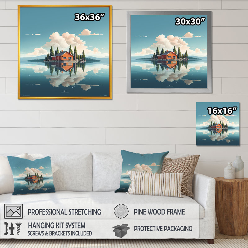 «Scenic Lake House Tranquility», reproduction sur toile, Cadre doré simple, H 30 po x l 30 po x P 1 po