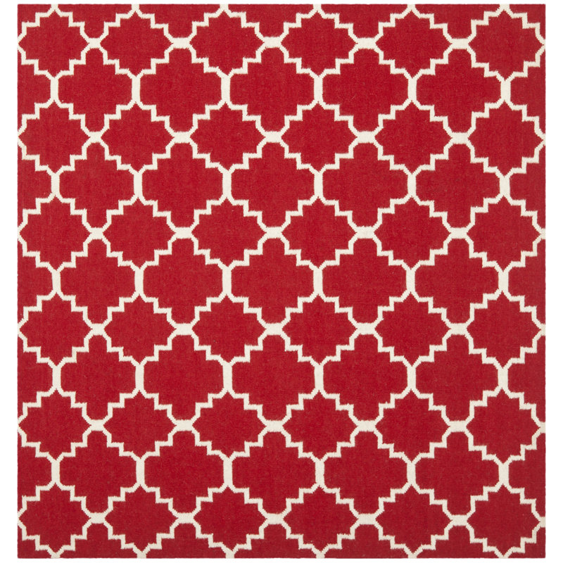 Rodgers Hand Woven Flat Weave Wool/Cotton Geometric Rug in Red/Ivory, Square 6'